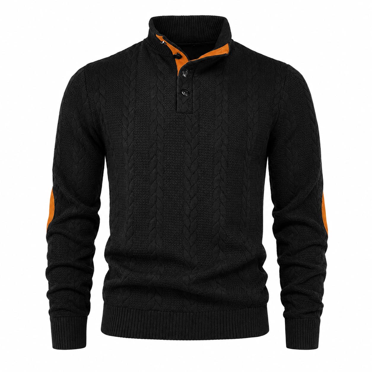 Men's Cable Knit Button Mock Neck Sweater with Contrast Collar Trim and Elbow Patches 5
