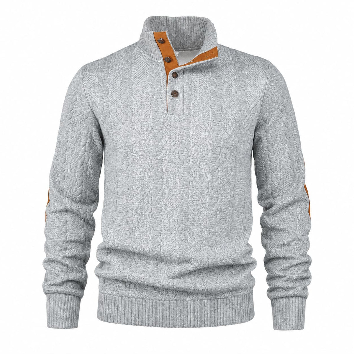Men's Cable Knit Button Mock Neck Sweater with Contrast Collar Trim and Elbow Patches 6