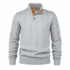 Men's Cable Knit Button Mock Neck Sweater with Contrast Collar Trim and Elbow Patches 6