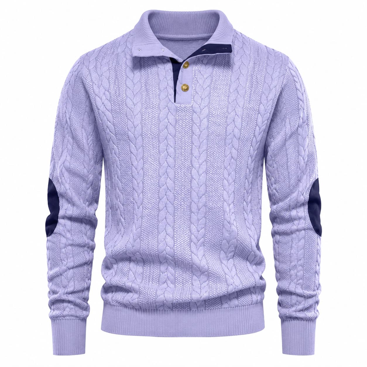 Men's Cable Knit Button Mock Neck Sweater with Contrast Collar Trim and Elbow Patches 7