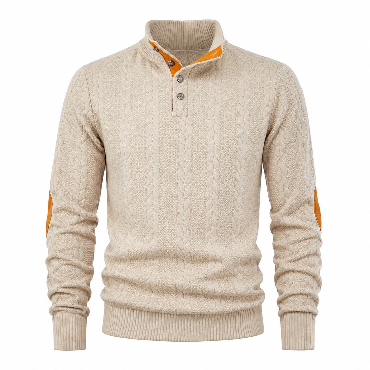Men's Cable Knit Button Mock Neck Sweater with Contrast Collar Trim and Elbow Patches 8