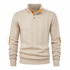 Men's Cable Knit Button Mock Neck Sweater with Contrast Collar Trim and Elbow Patches 8