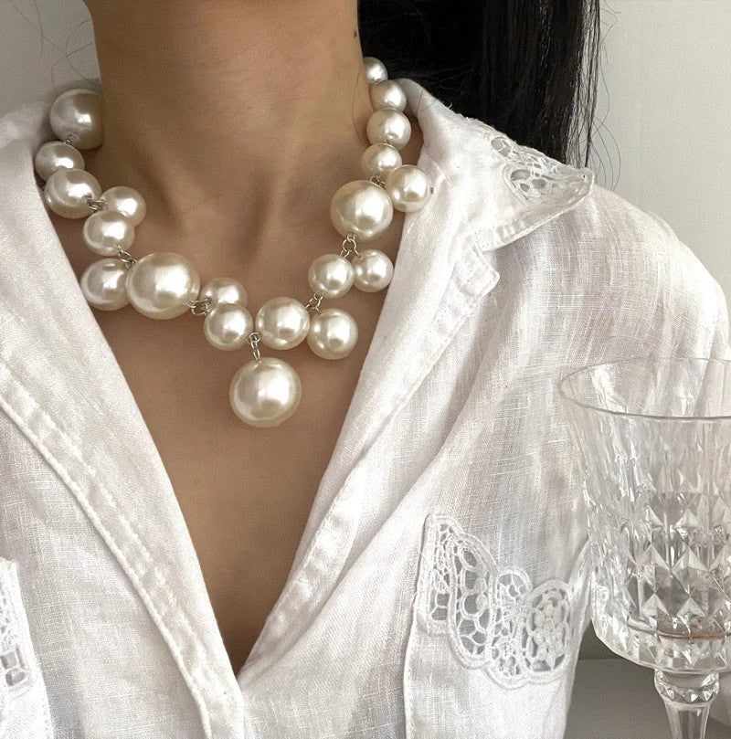 Men's Chain Necklace with Simulated Pearl Round Resin Beads 5