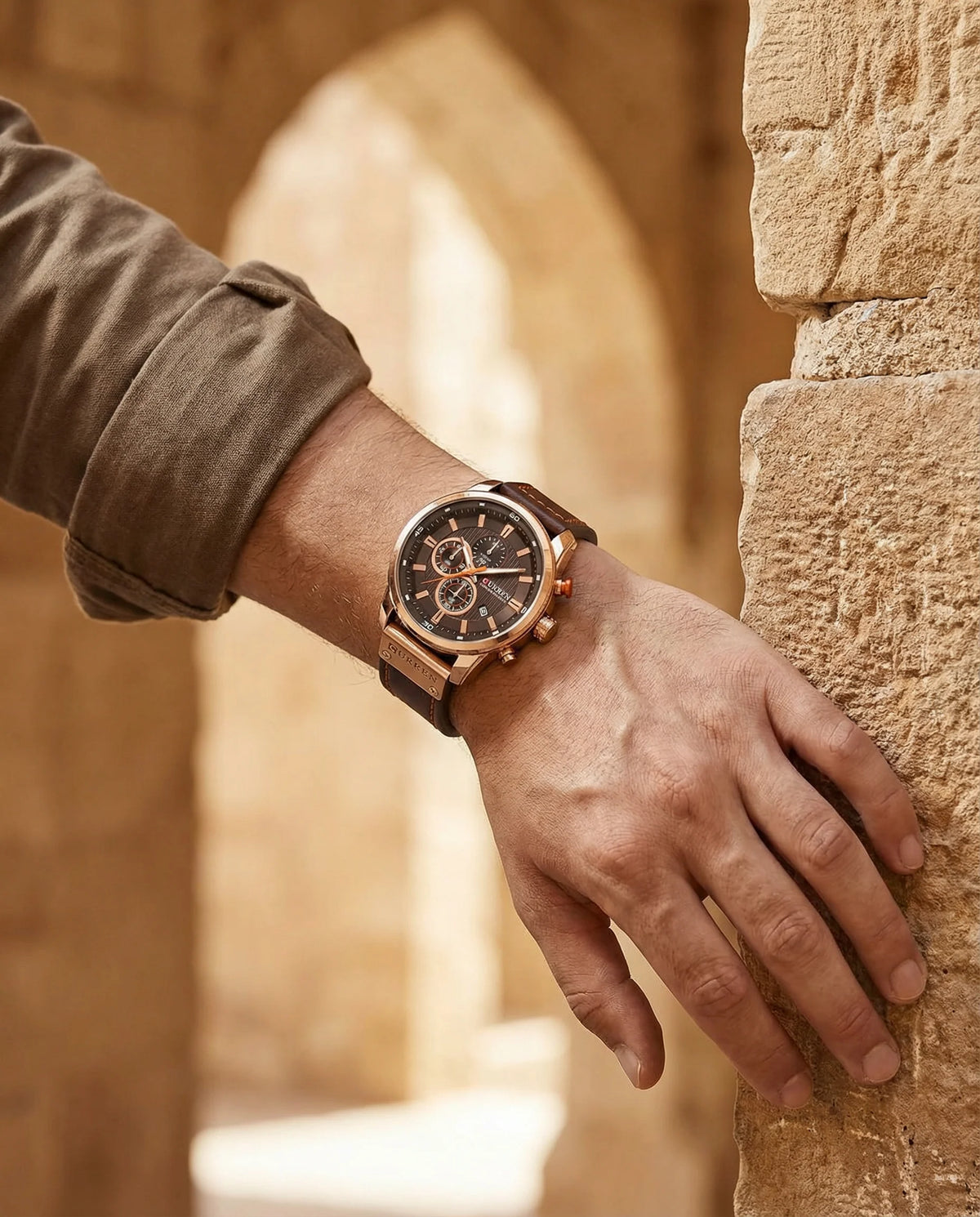 Men's Chronograph Watch with Stainless Steel Case and Leather Strap 3