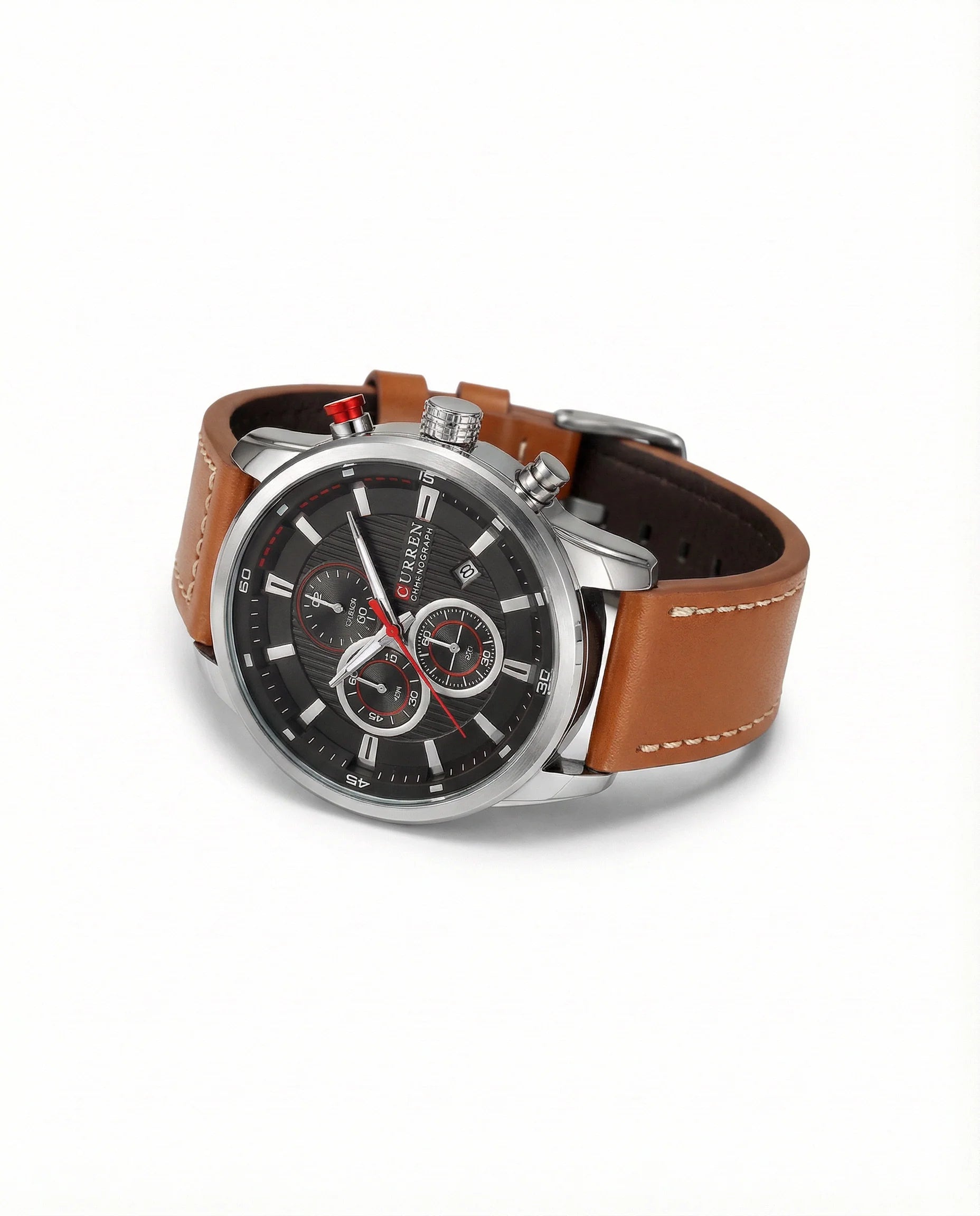 Men's Chronograph Watch with Stainless Steel Case and Leather Strap 8
