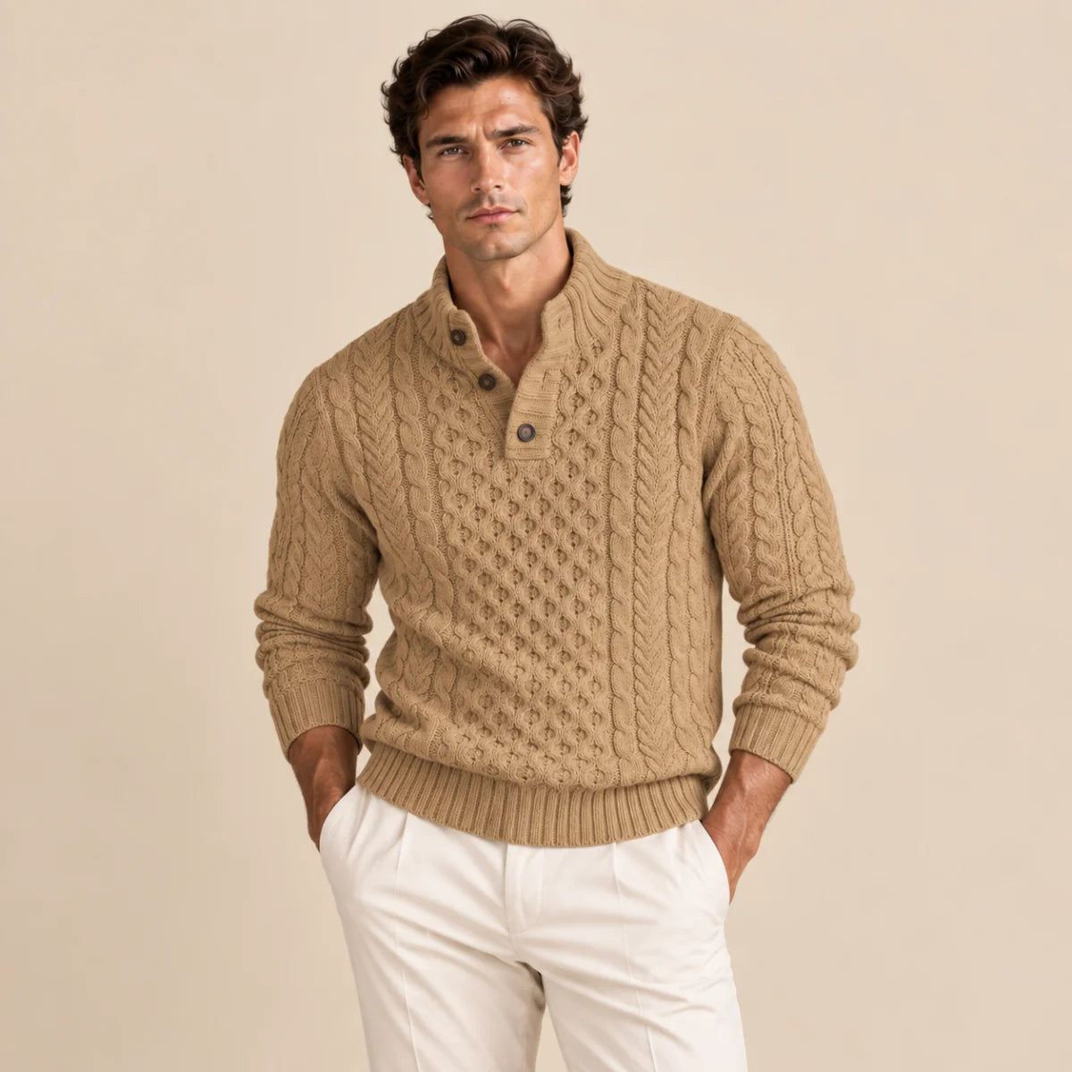 Men's Chunky Cable Knit Button-Neck Sweater 0