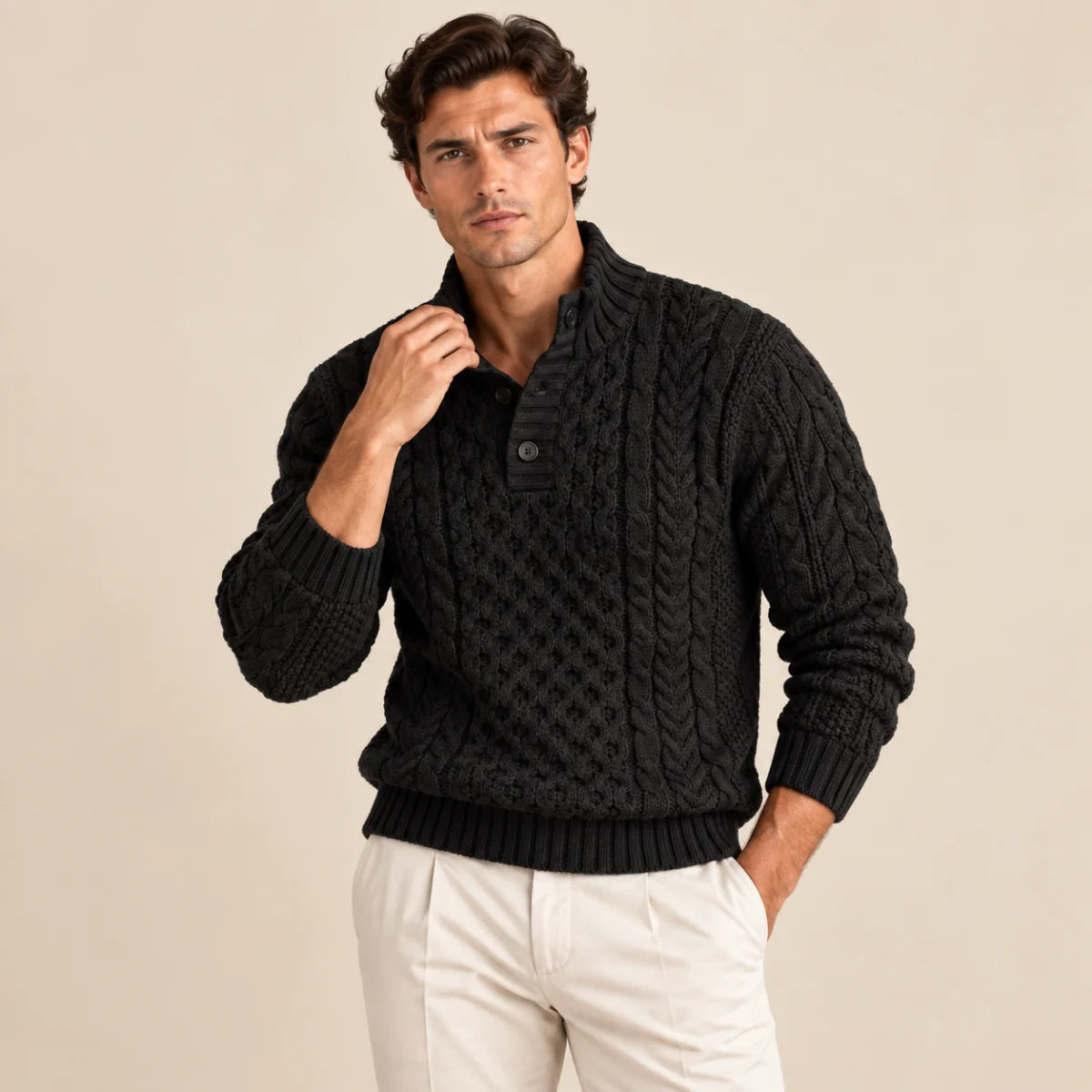 Men's Chunky Cable Knit Button-Neck Sweater 2