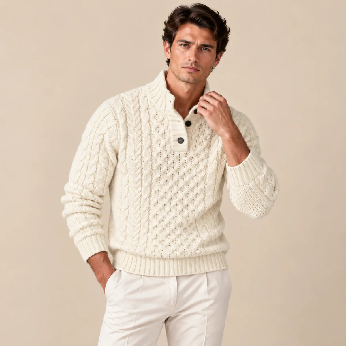 Men's Chunky Cable Knit Button-Neck Sweater 3