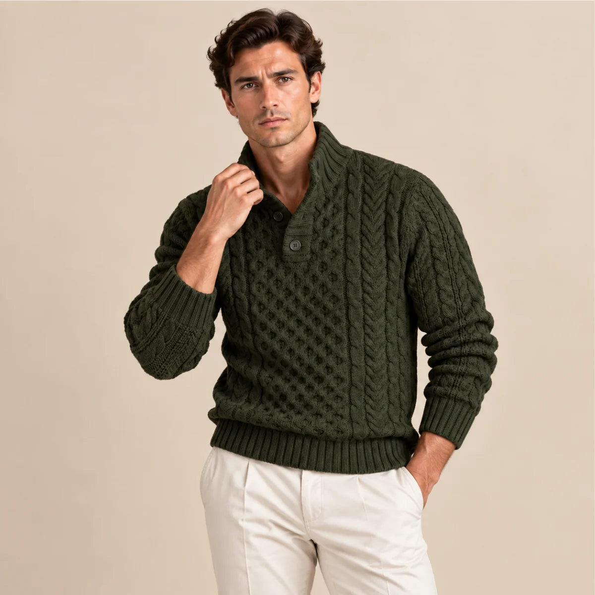 Men's Chunky Cable Knit Button-Neck Sweater 7