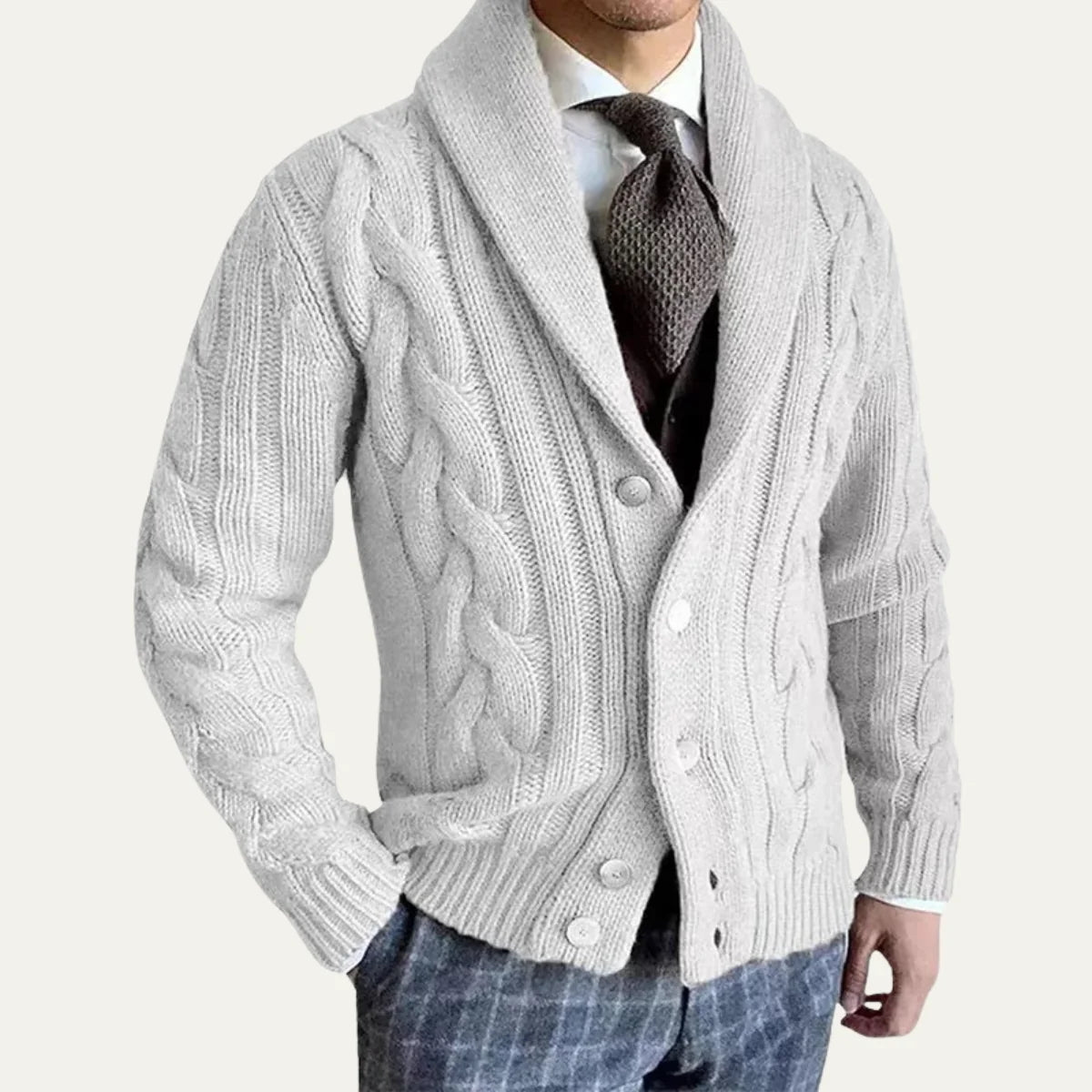 Men's Chunky Cable Knit Shawl Collar Cardigan Sweater with Button Front and Patch Pockets 0