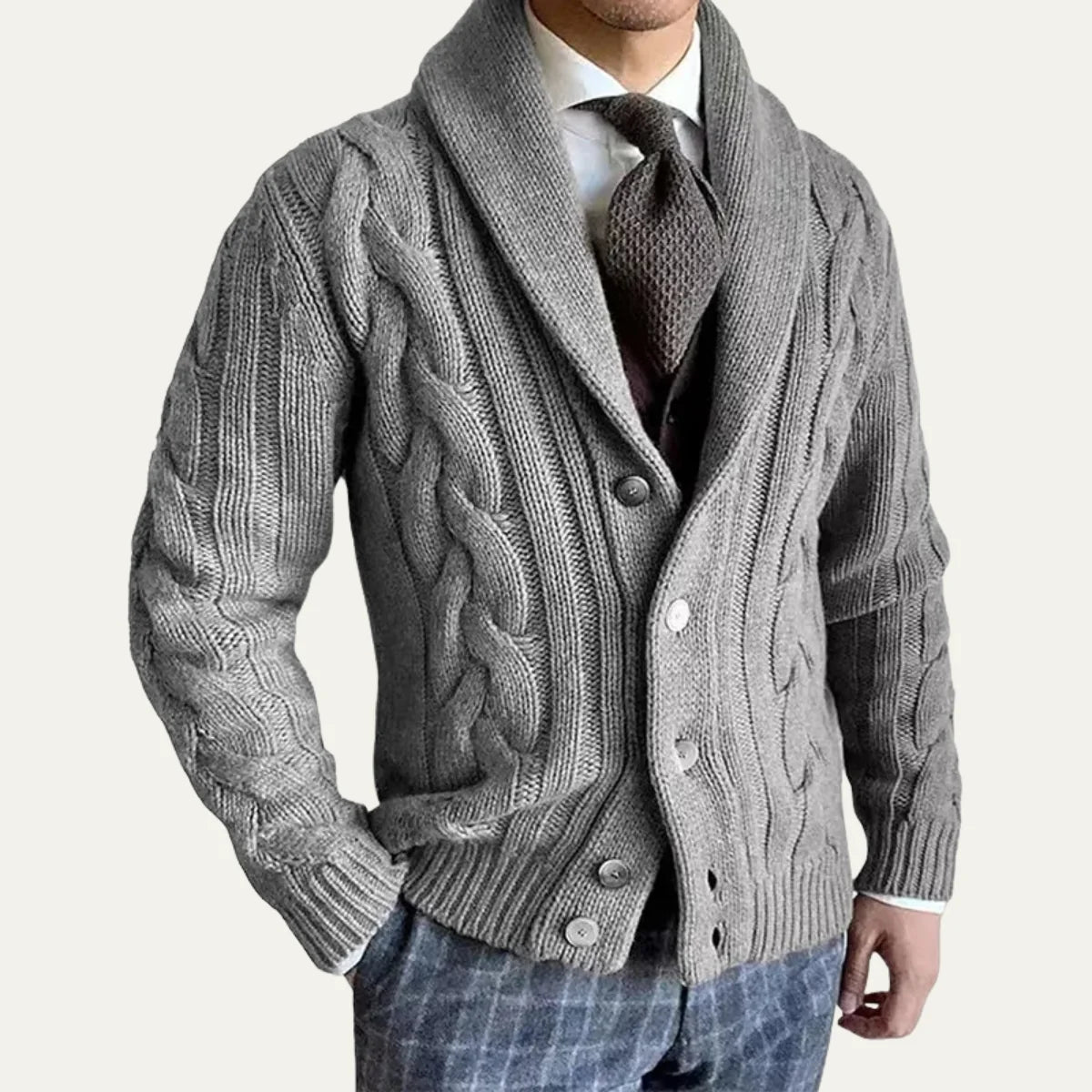 Men's Chunky Cable Knit Shawl Collar Cardigan Sweater with Button Front and Patch Pockets 1