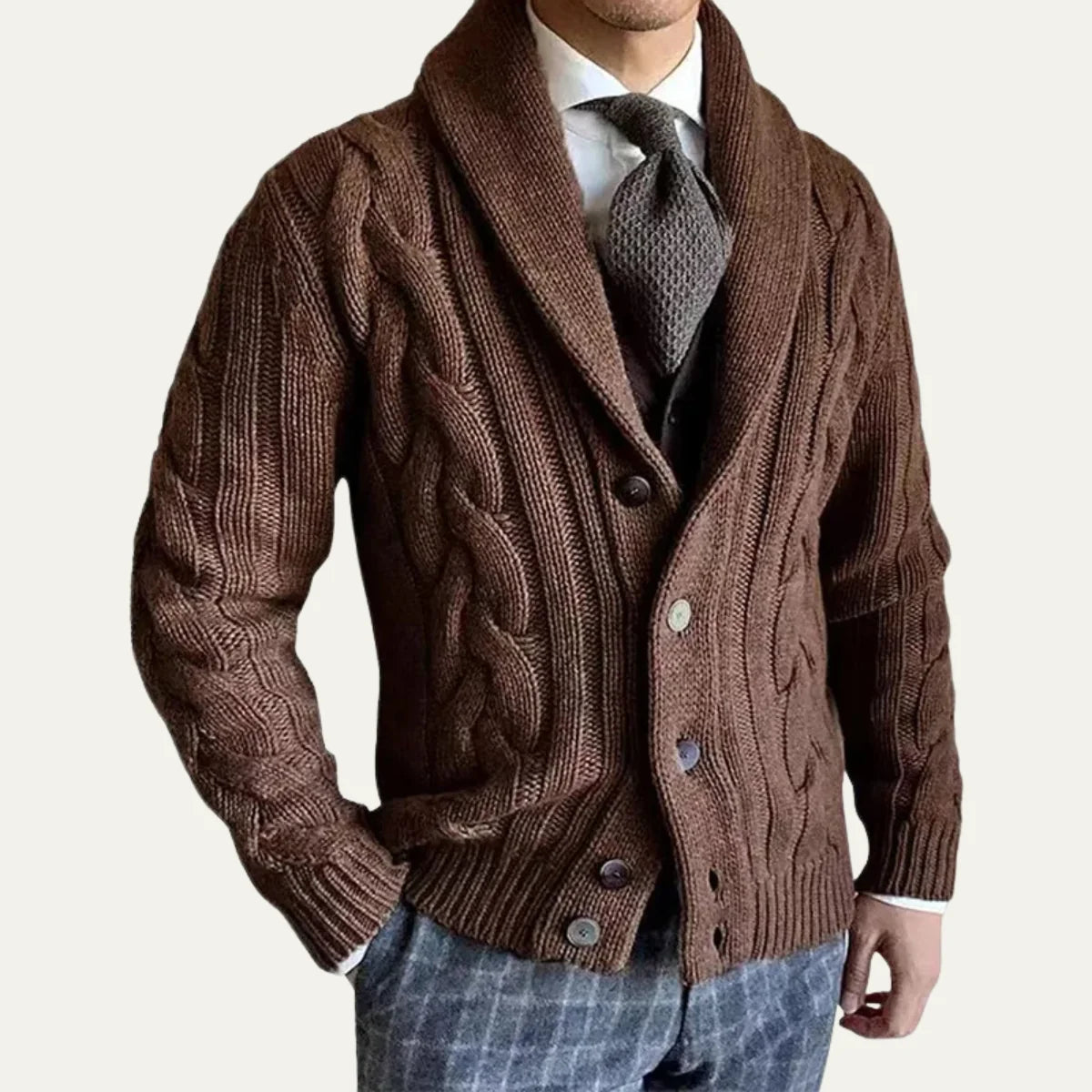 Men's Chunky Cable Knit Shawl Collar Cardigan Sweater with Button Front and Patch Pockets 2