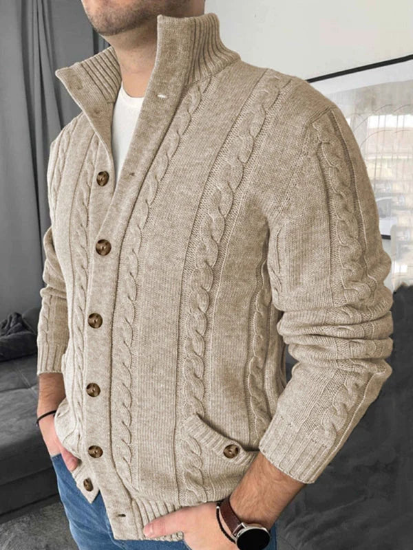 Men's Classic Stand-Up Collar Cable Knit Cardigan with Button Front Closure 1