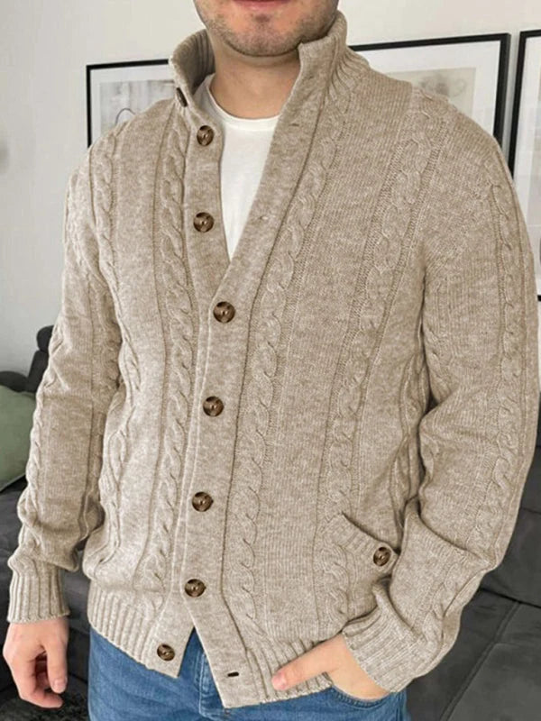 Men's Classic Stand-Up Collar Cable Knit Cardigan with Button Front Closure 3