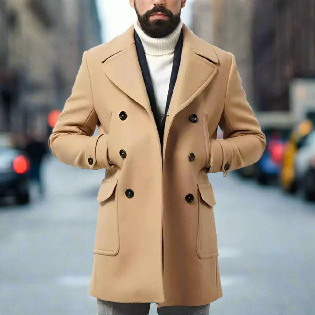 Men's Double-Breasted Peacoat with Gold Buttons and Wide Notch Lapels 1
