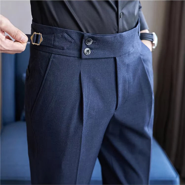 Men's Double-Pleat High-Waist Tapered Trousers with Side-Adjuster Buckles 0