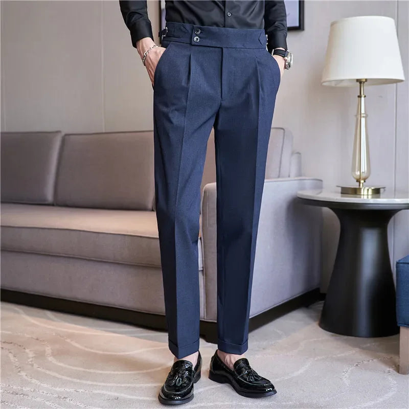 Men's Double-Pleat High-Waist Tapered Trousers with Side-Adjuster Buckles 6