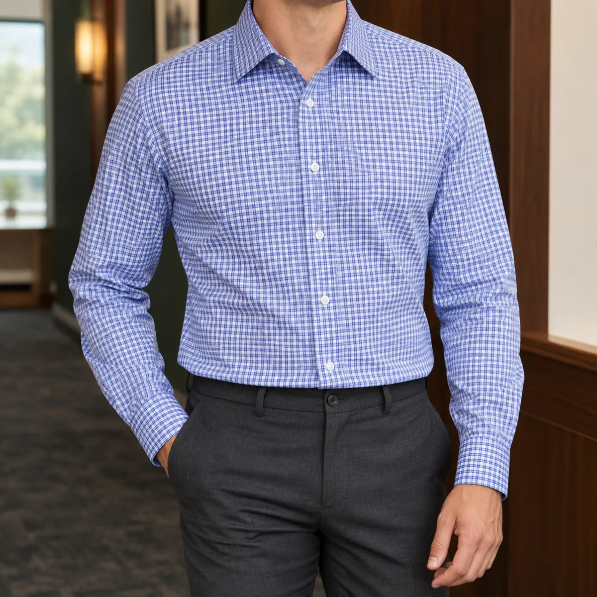 Men's Fitted Button-Front Dress Shirt with Pointed Spread Collar 0
