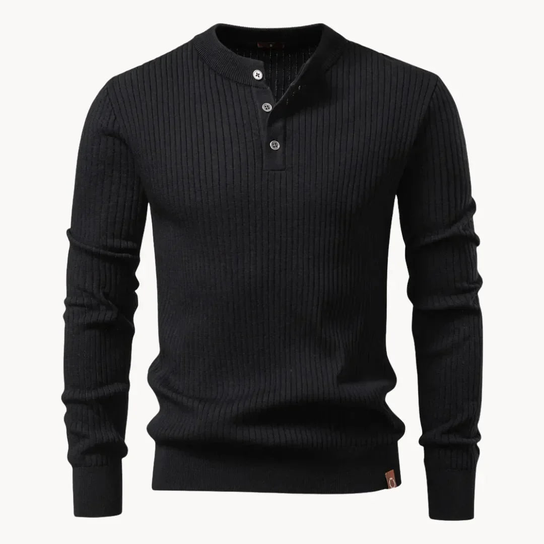 Men's Fitted Round Neck Sweater with Button Closure and Elastic Cuffs 0