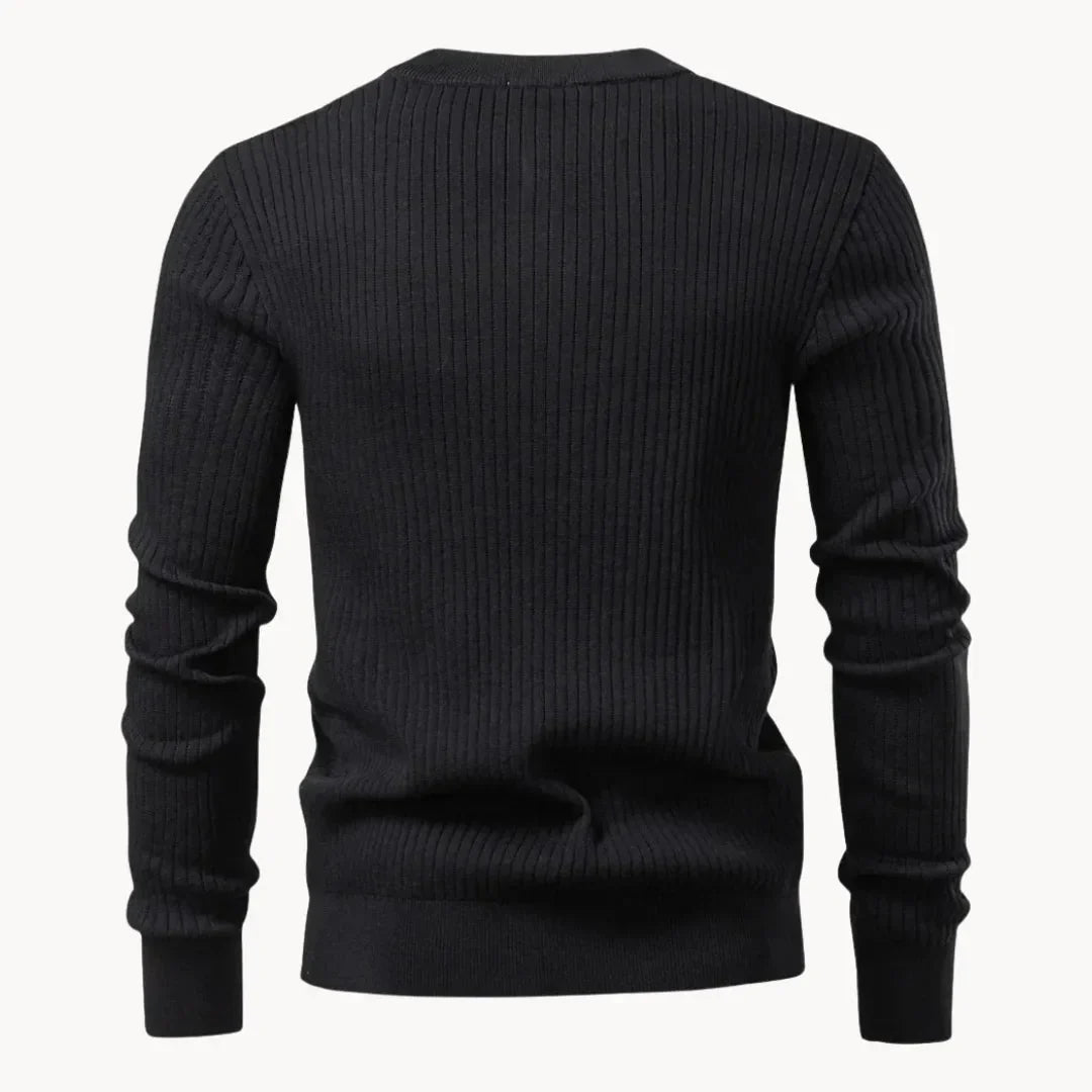 Men's Fitted Round Neck Sweater with Button Closure and Elastic Cuffs 1