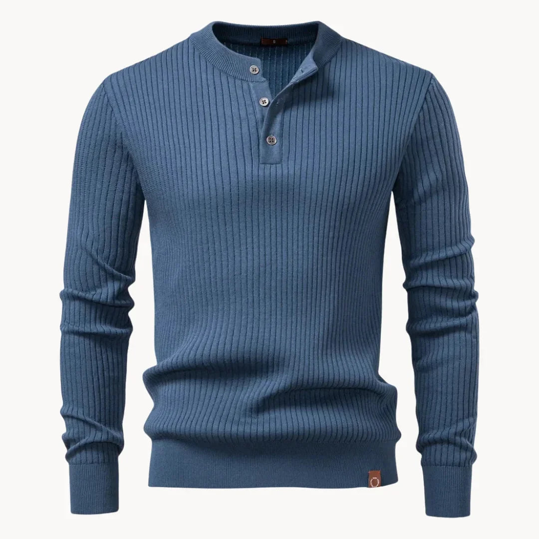 Men's Fitted Round Neck Sweater with Button Closure and Elastic Cuffs 6