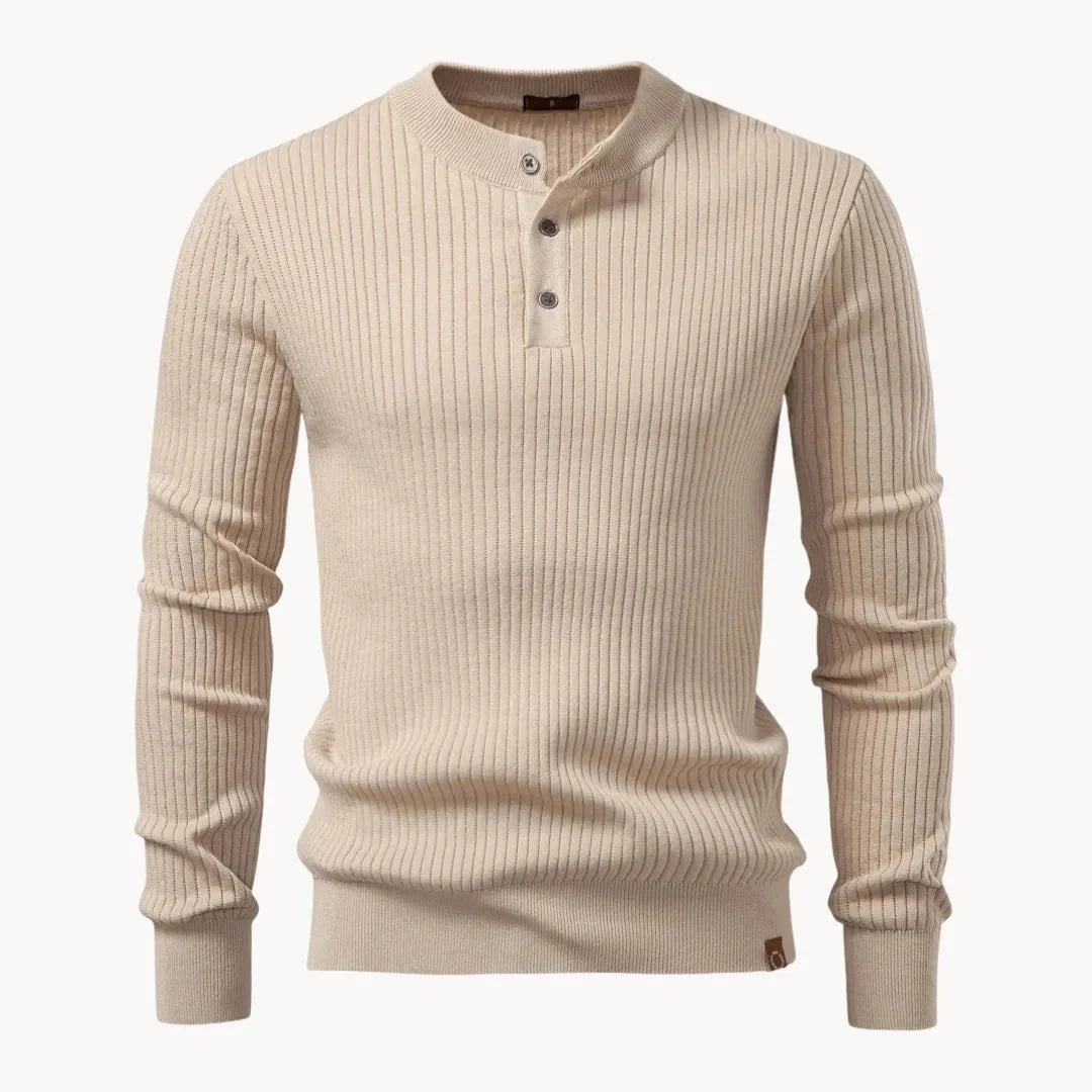 Men's Fitted Round Neck Sweater with Button Closure and Elastic Cuffs 9