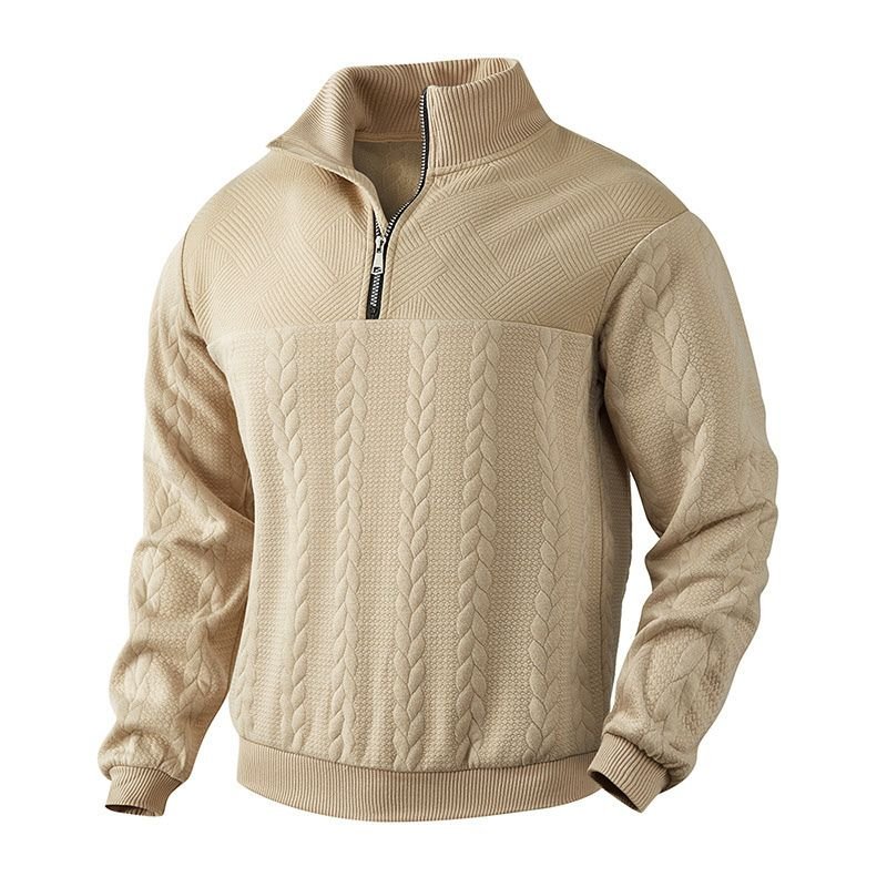 Men's Half-Zip Jacquard Knit Sweater with Ribbed Sleeves and Hem 0
