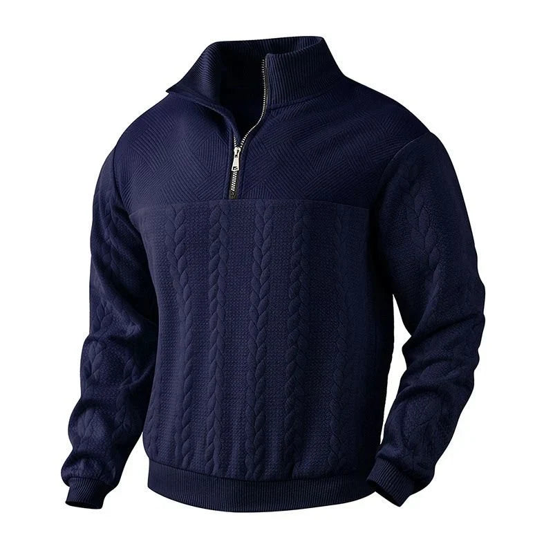 Men's Half-Zip Jacquard Knit Sweater with Ribbed Sleeves and Hem 1