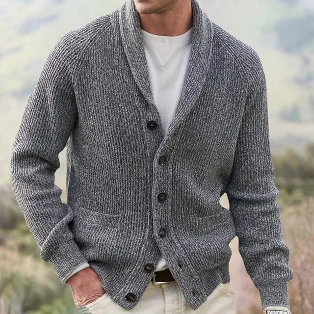 Men's Heavy Ribbed Knit Shawl Collar Cardigan Sweater with Five-Button Front 1