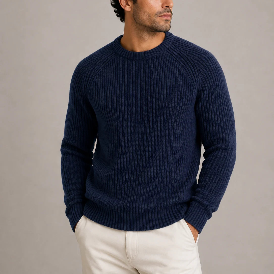 Men's Heavyweight Fisherman Rib Knit Sweater with Round Neckline 1