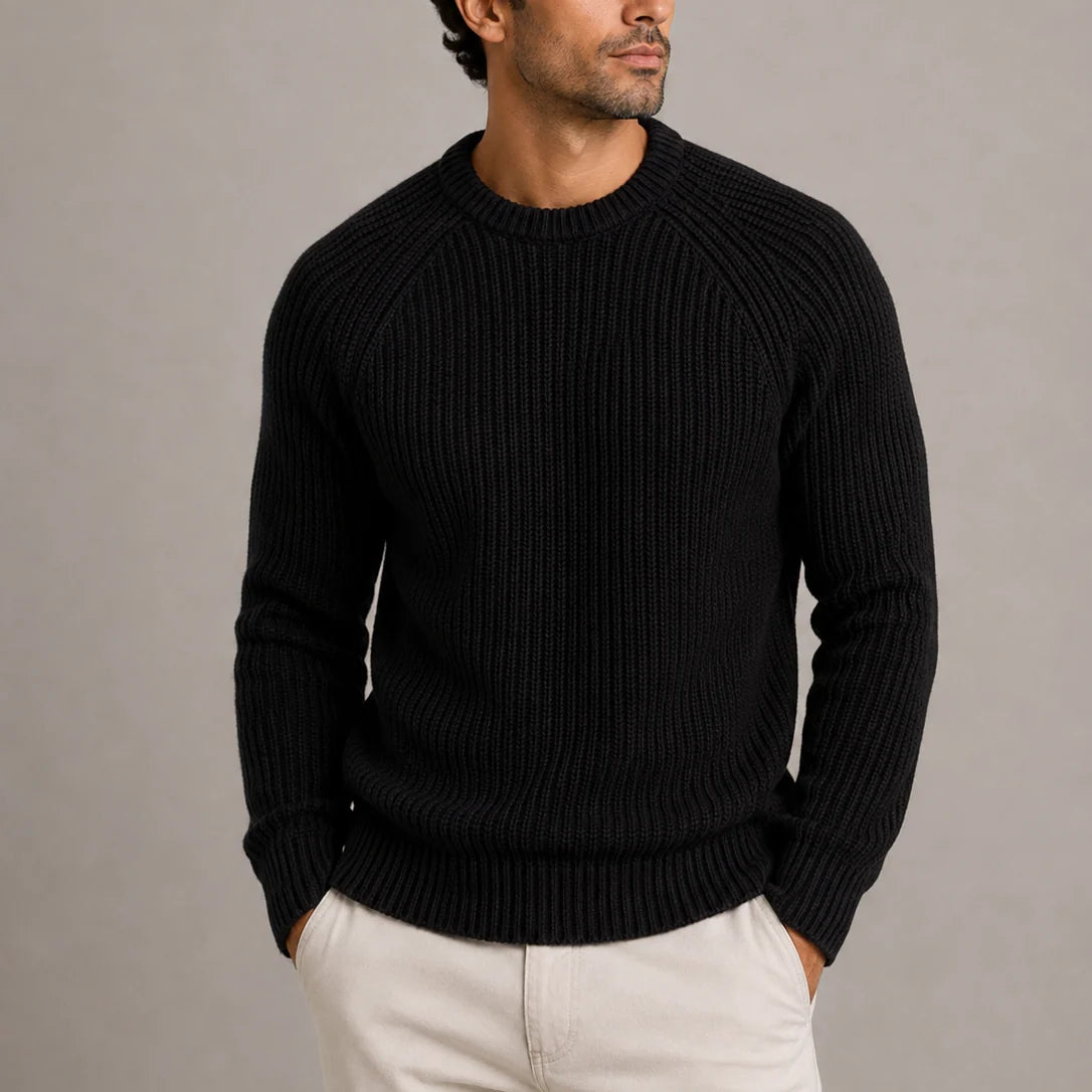 Men's Heavyweight Fisherman Rib Knit Sweater with Round Neckline 2