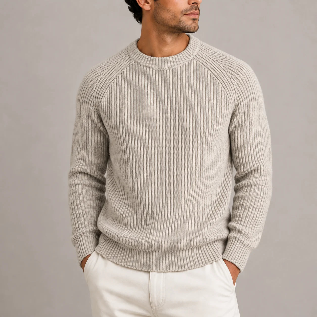 Men's Heavyweight Fisherman Rib Knit Sweater with Round Neckline 3