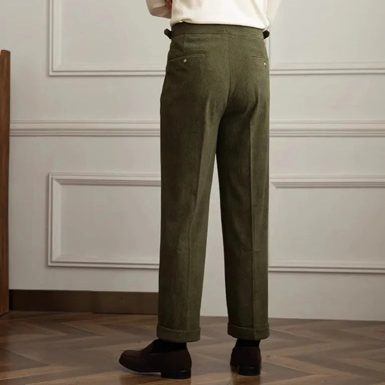 Men's High-Waisted Pleated Cotton Corduroy Trousers 2