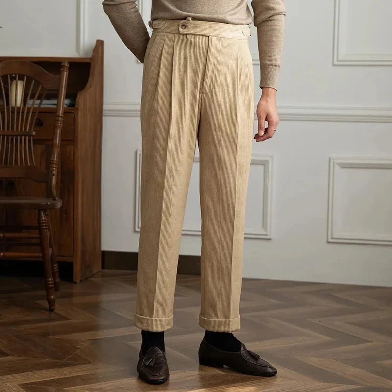 Men's High-Waisted Pleated Cotton Corduroy Trousers 4