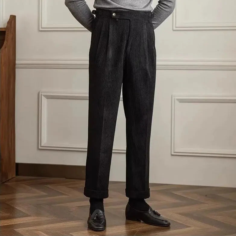 Men's High-Waisted Pleated Cotton Corduroy Trousers 6