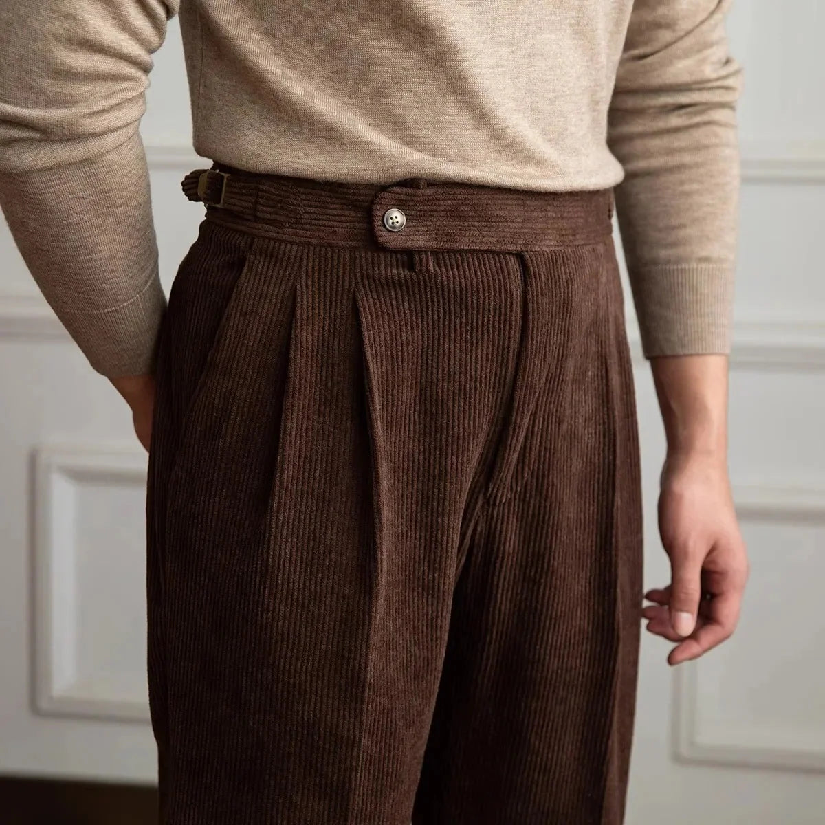 Men's High-Waisted Pleated Cotton Corduroy Trousers 8