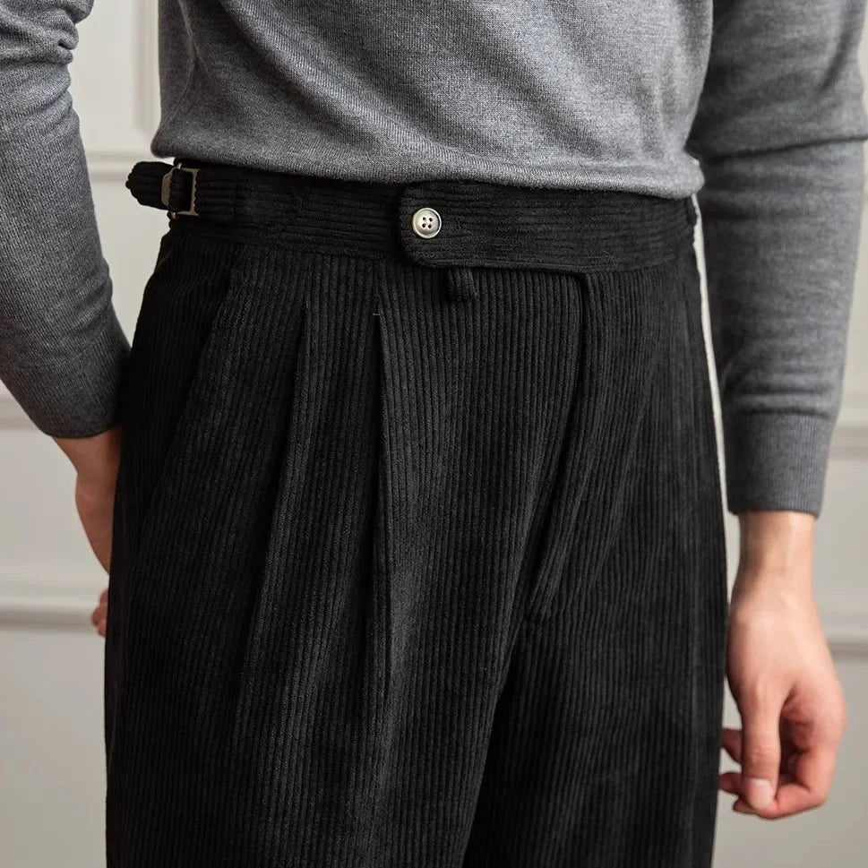 Men's High-Waisted Pleated Cotton Corduroy Trousers 9