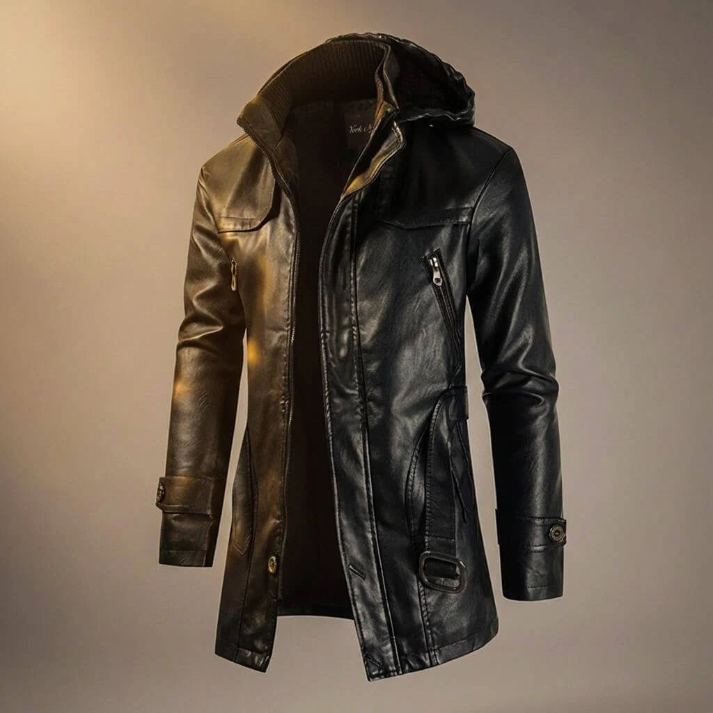 Men's Hooded Leather Jacket with Belt Detail and Fleece Lining 2