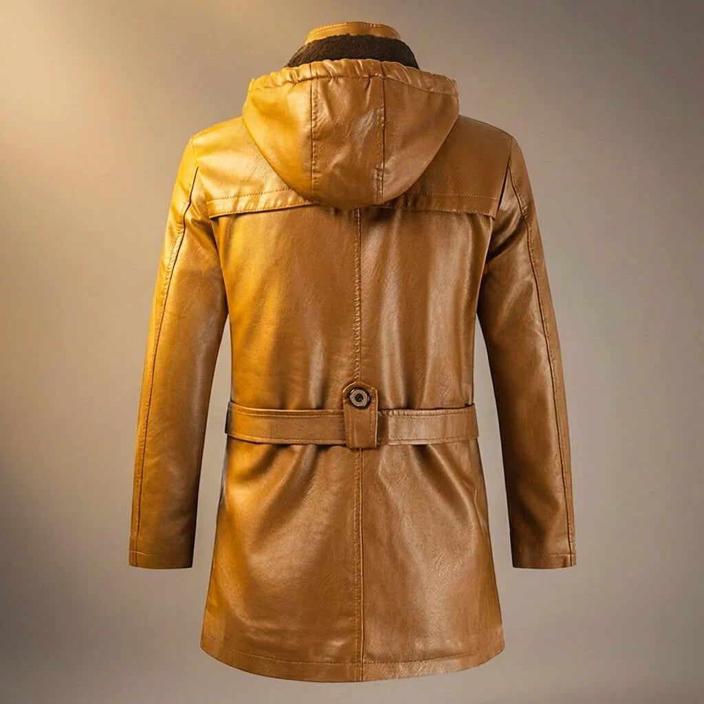Men's Hooded Leather Jacket with Belt Detail and Fleece Lining 4