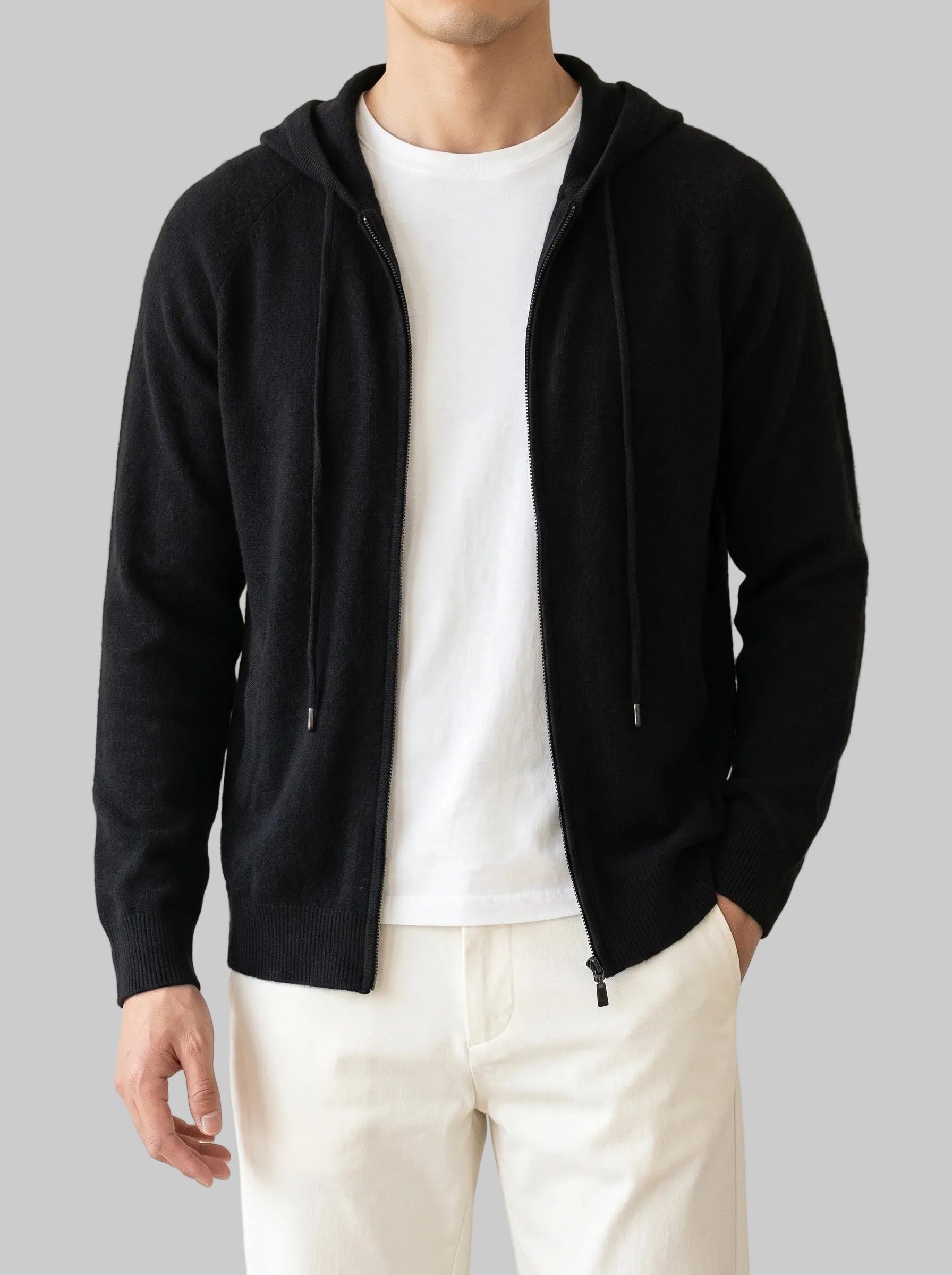 Men's Hooded Zip Cardigan with Ribbed Cuffs and Side Pockets 0