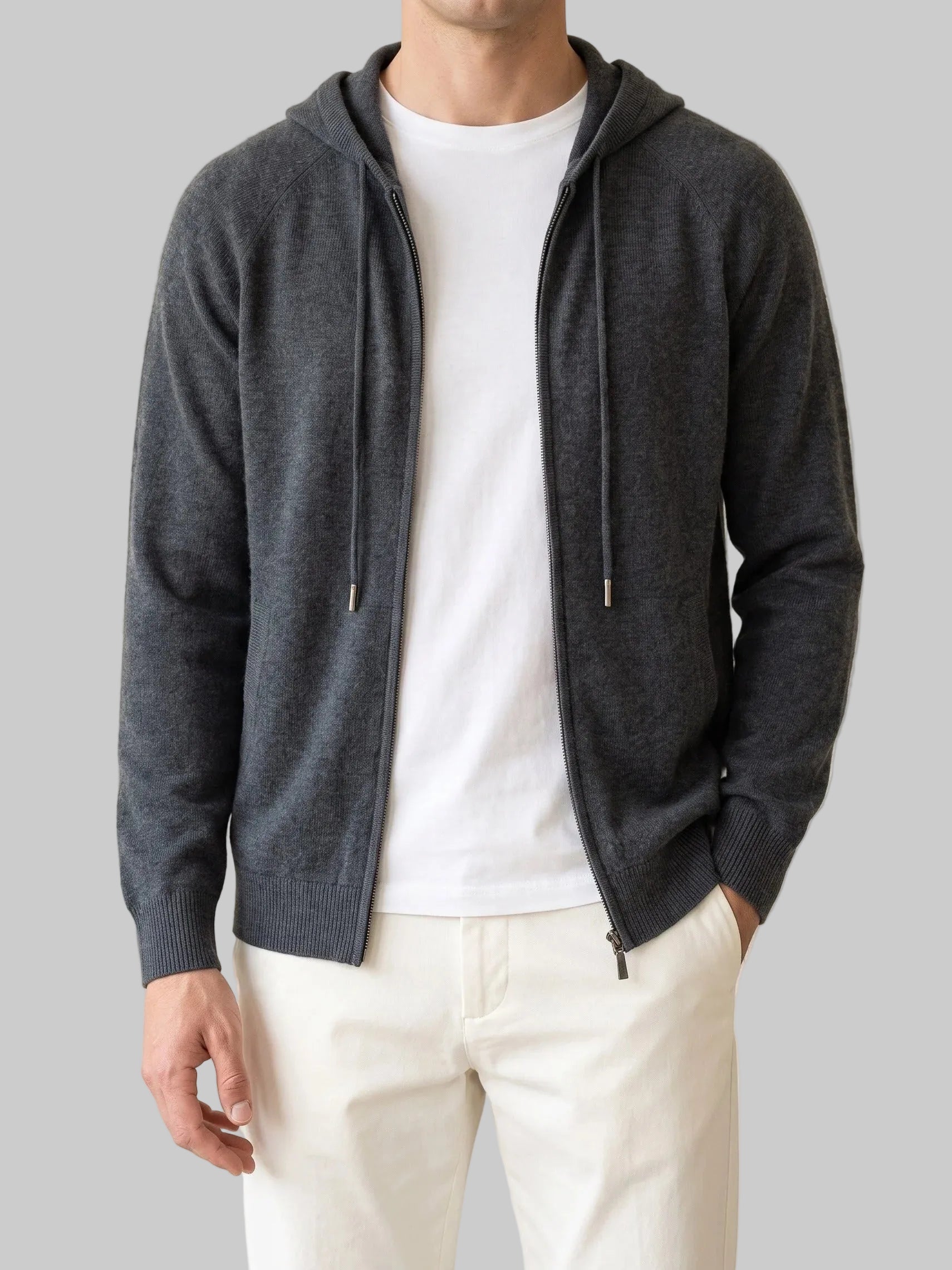 Men's Hooded Zip Cardigan with Ribbed Cuffs and Side Pockets 2
