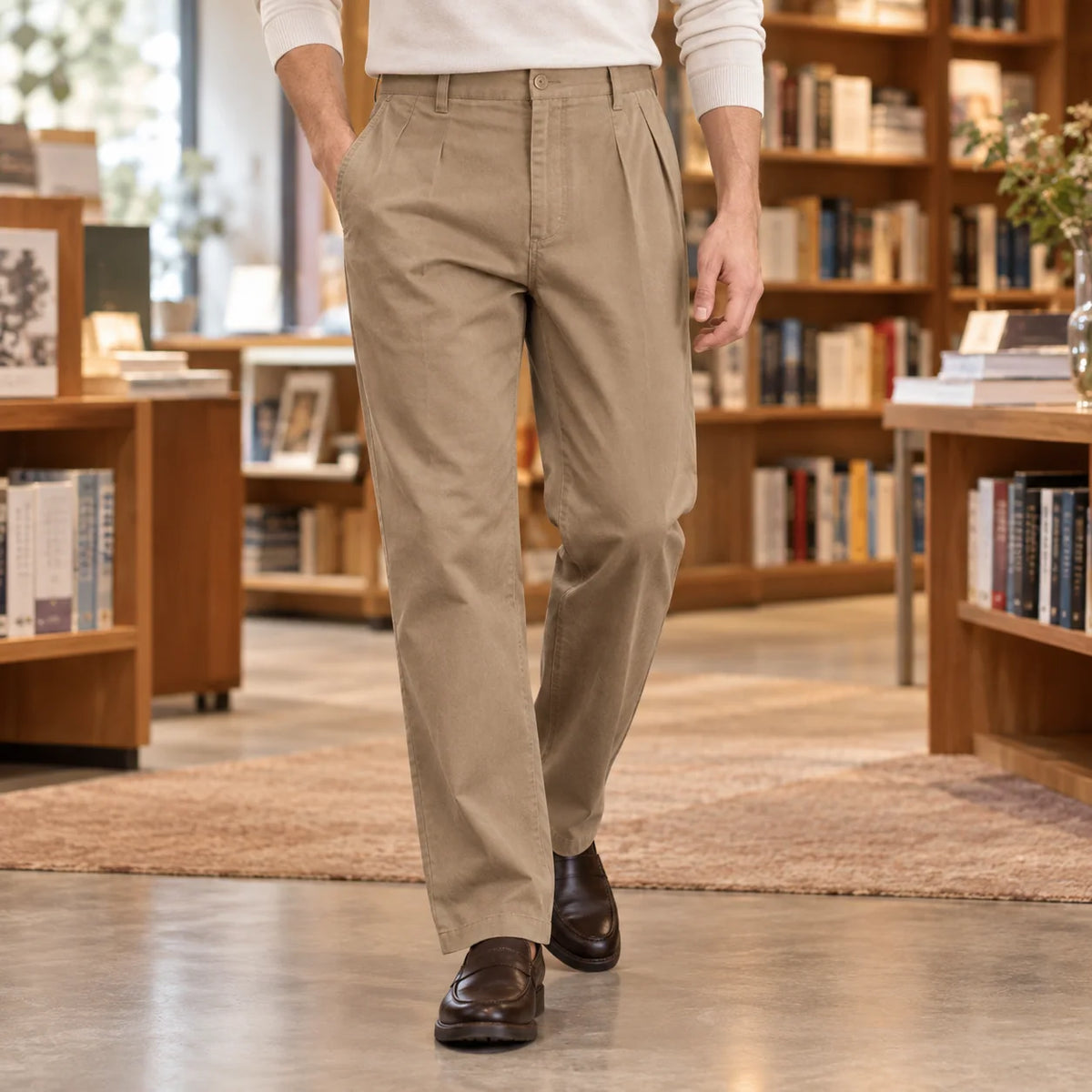 Men's Khaki Straight Leg Pants with High-Rise Waistband and Front Pleat Detail 0