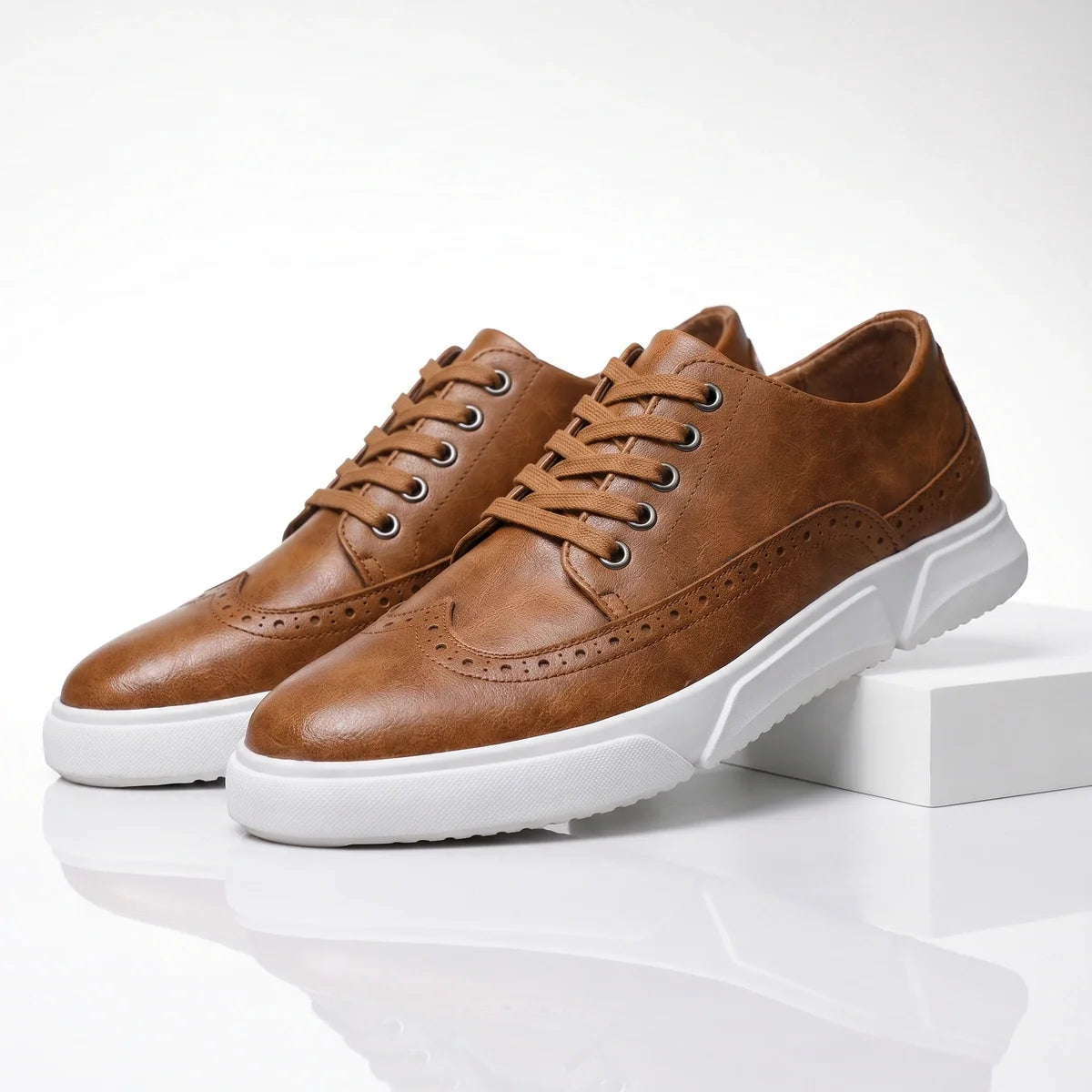 Men's Leather Brogue Lace-Up Sneakers with Cushioned Sole 0