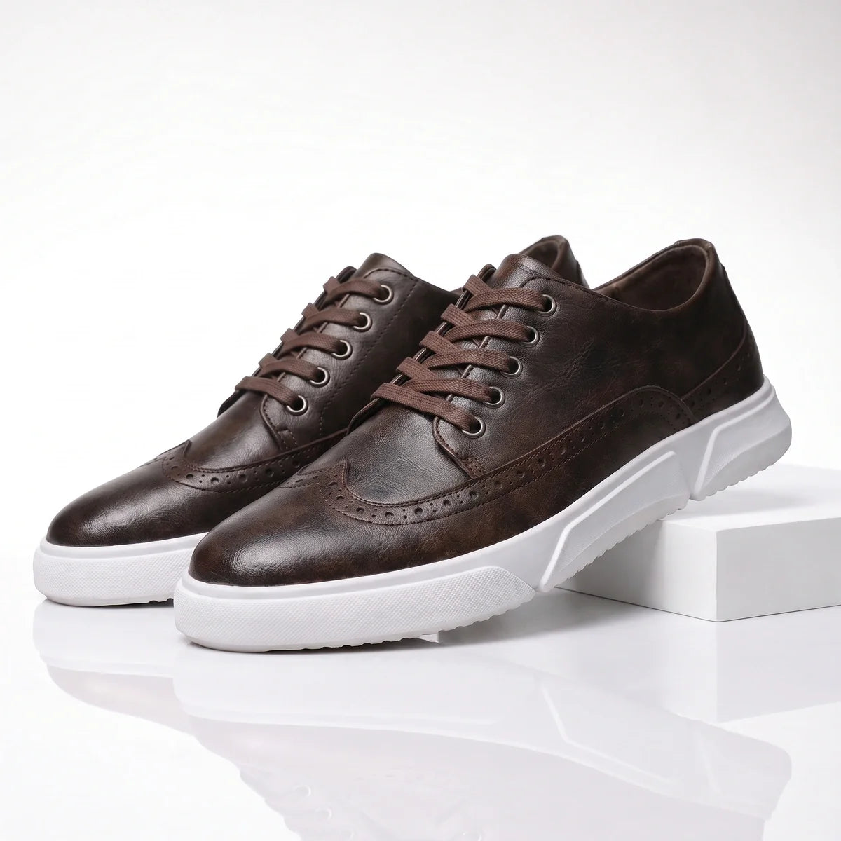 Men's Leather Brogue Lace-Up Sneakers with Cushioned Sole 2