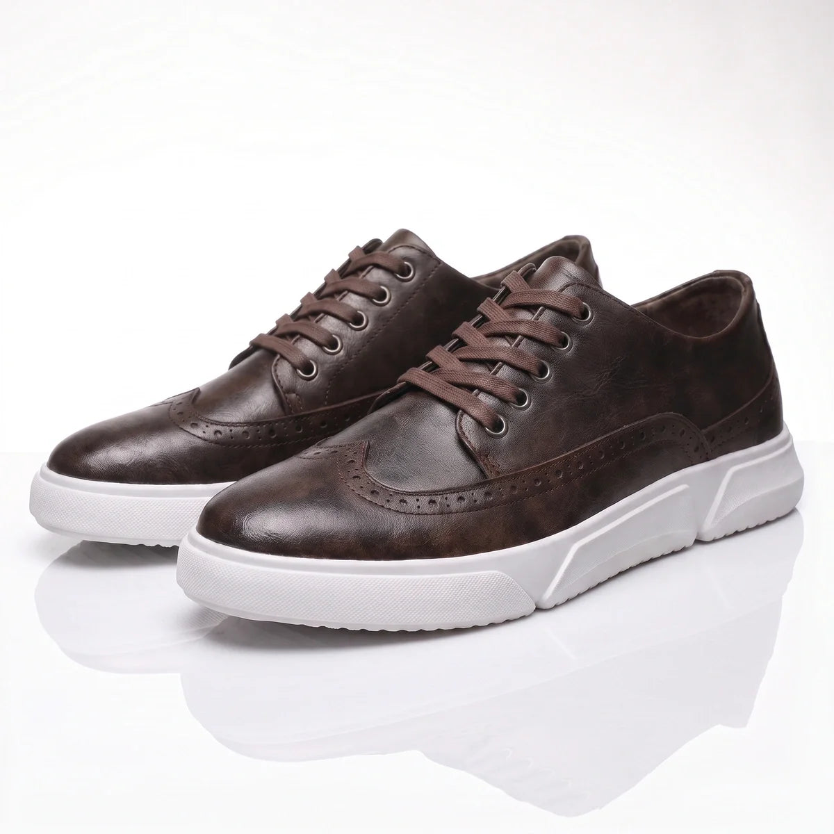 Men's Leather Brogue Lace-Up Sneakers with Cushioned Sole 3