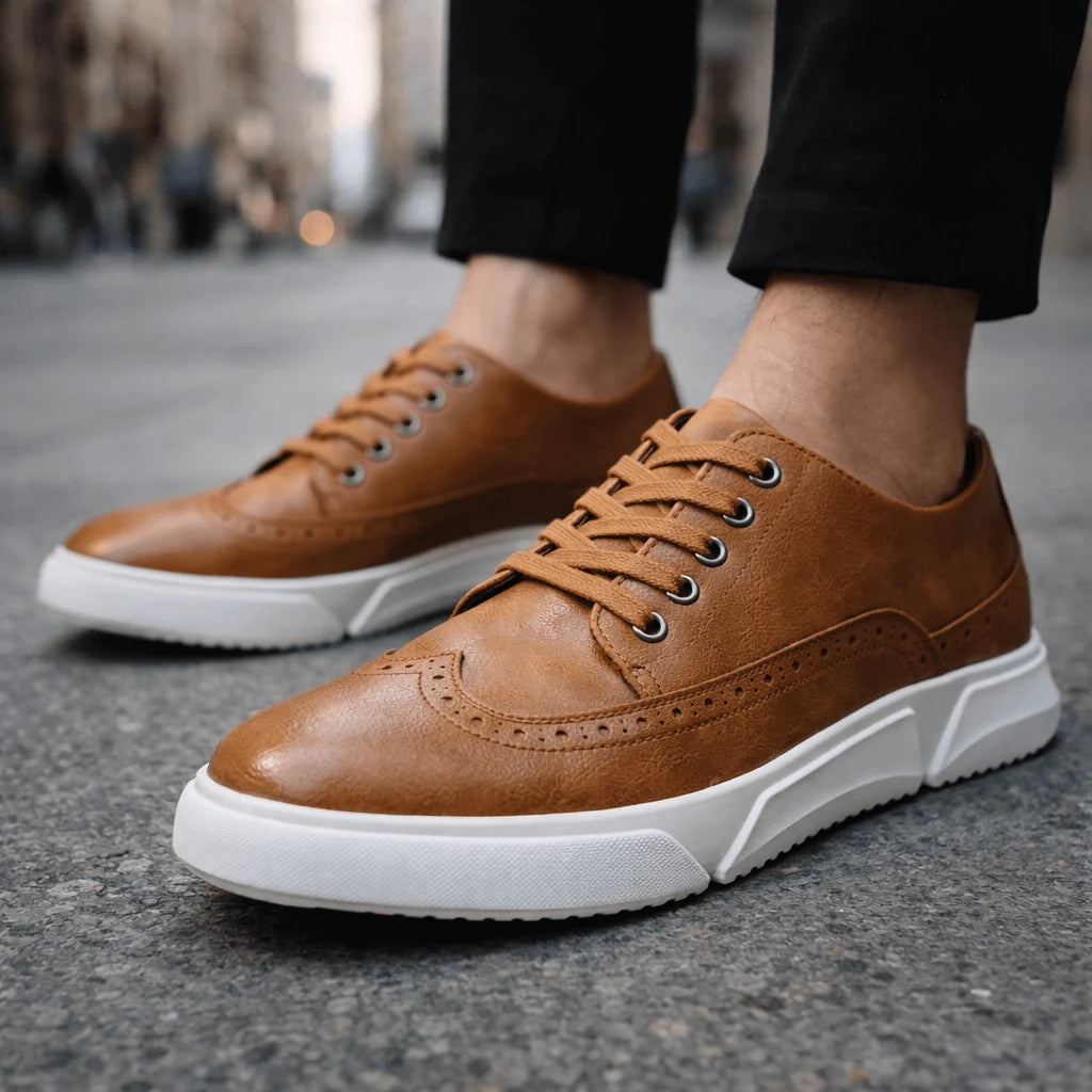 Men's Leather Brogue Lace-Up Sneakers with Cushioned Sole 8