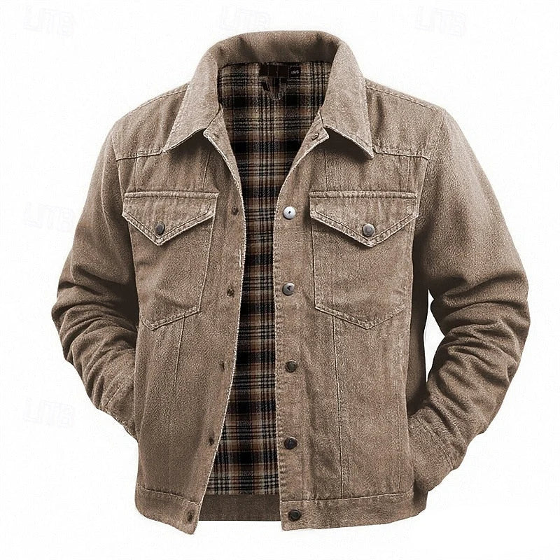 Men's Lined Trucker Jacket with Plaid Interior and Button-Front Closure 0
