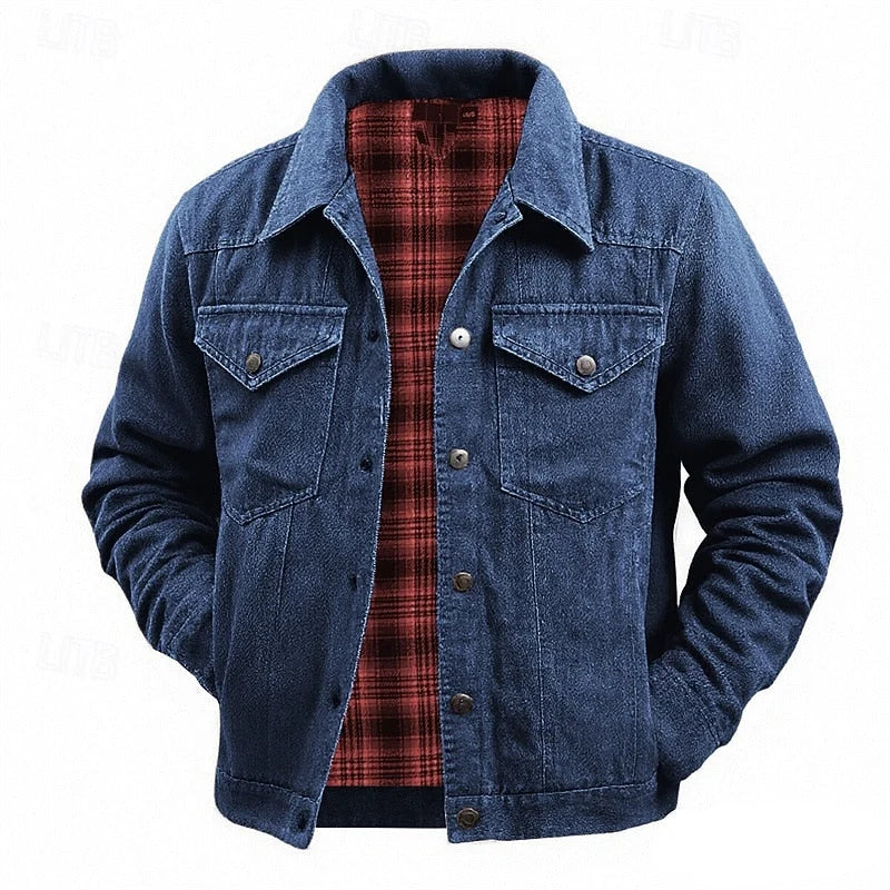 Men's Lined Trucker Jacket with Plaid Interior and Button-Front Closure 1