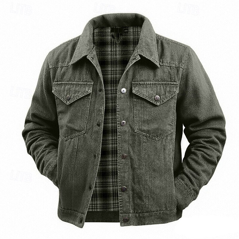 Men's Lined Trucker Jacket with Plaid Interior and Button-Front Closure 2