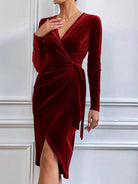 Men's Long-Sleeve Velvet Midi Dress with Crossover Neckline and Twisted Waist Detail 7